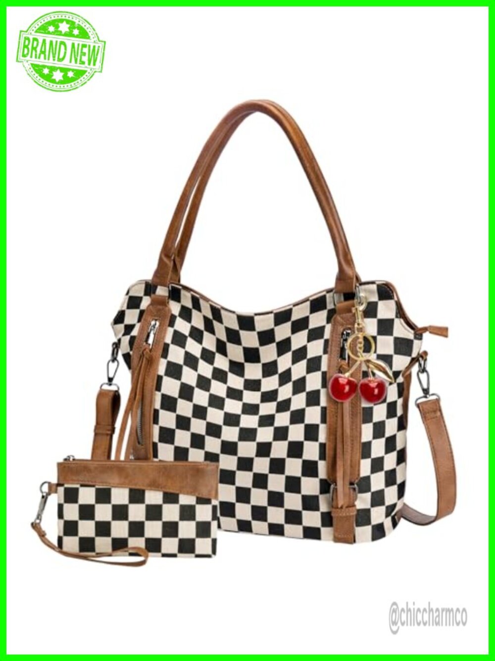 Faux Leather Canvas Checkered Crossbody Bag Wallet Cherry Charm Set
